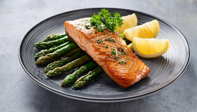 grilled salmon fillet with fresh asparagus and lemon slices garnished with green parsley healthy and colorful meal presentation
