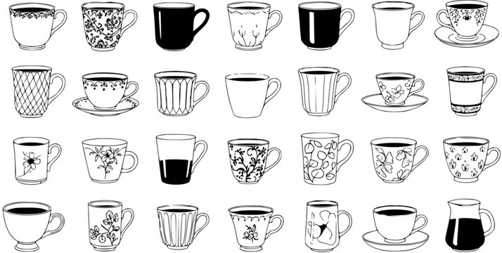 Hand-Drawn Black and White Line Art Vector Set of Diverse Coffee Cups, Teacups, and Mugs. Ideal for Food, Beverage, Cafe, and Home Decor Industry Designs.