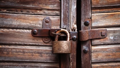 rusty padlock locking old wooden door