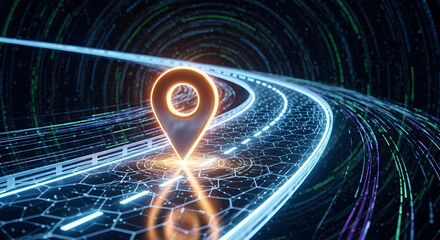 Futuristic Navigation Pin on a Digital Highway.