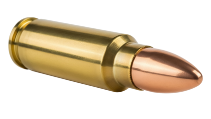 Shiny golden bullet isolated PNG, ammunition for firearms on transparent background, cartridge for shooting and hunting, metallic projectile