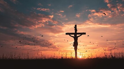 Silhouette of jesus christ on the cross at sunset with birds flying