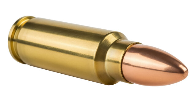 Shiny golden bullet isolated PNG, ammunition for firearms on transparent background, cartridge for shooting and hunting, metallic projectile