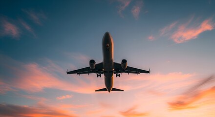 Airplane soars through vibrant orange and pink sunset sky