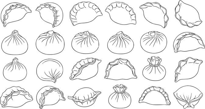 Black and White Line Art Vector Illustration of Diverse Asian Dumplings, Steamed Buns, and Gyoza. Outline Drawing for Food, Cuisine, Restaurant, and Menu Design Elements.