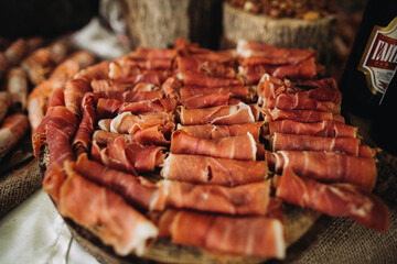 Cured ham appetizer platter ready for serving