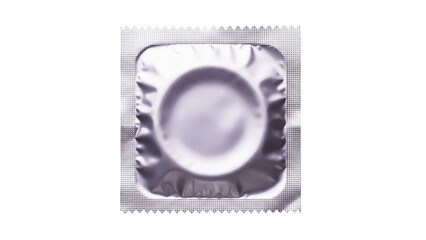 Shiny silver condom in wrapper isolated PNG, contraception method for safe sex and disease prevention on transparent background