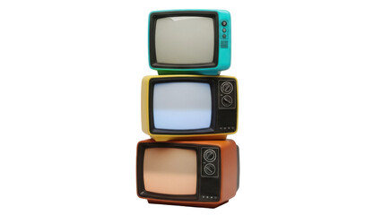 Stack of retro televisions PNG isolated on transparent background, vintage TV sets in teal yellow and orange for media and design projects