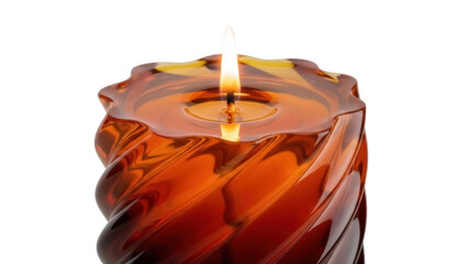 Burning amber candle in glass holder isolated PNG, decorative lighting element for cozy atmosphere and relaxation on transparent background