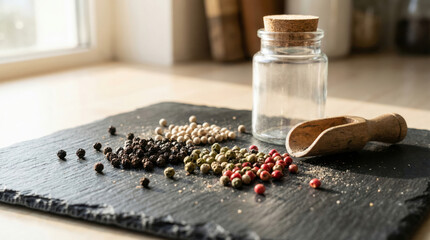 Assorted peppercorns sit scattered on a dark slate board beside a glass jar and wooden scoop with warm natural window light. Empty space near the top provides visible area available for text or design