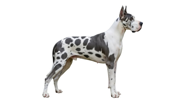 Harlequin Great Dane standing isolated PNG, large dog breed with spotted coat pattern on transparent background, purebred canine
