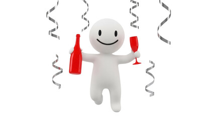 Happy 3D character celebrating with red wine bottle and glass isolated PNG, party celebration on transparent background