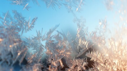 Beautiful frost patterns on a window during winter dusk in a cold location