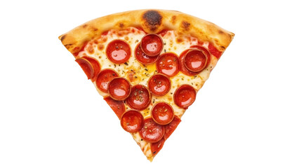 Delicious pepperoni pizza slice isolated PNG on transparent background, classic Italian fast food with crust and melted cheese for restaurant menu