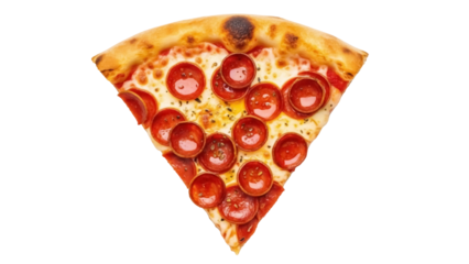 Delicious pepperoni pizza slice isolated PNG on transparent background, classic Italian fast food with crust and melted cheese for restaurant menu