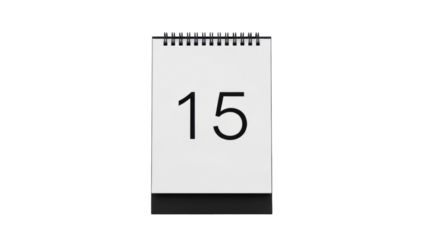 Calendar with number 15 isolated PNG on transparent background, reminder for important date or special event in the month