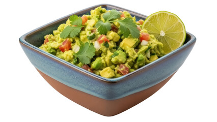 Fresh guacamole in a square bowl isolated PNG, avocado dip with tomatoes, onions, cilantro and lime on transparent background, healthy Mexican appetizer