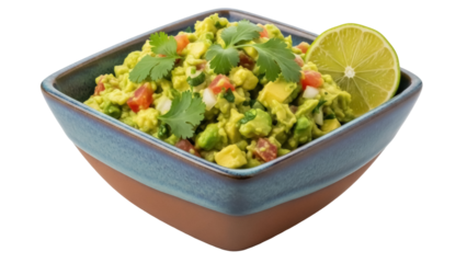 Fresh guacamole in a square bowl isolated PNG, avocado dip with tomatoes, onions, cilantro and lime on transparent background, healthy Mexican appetizer