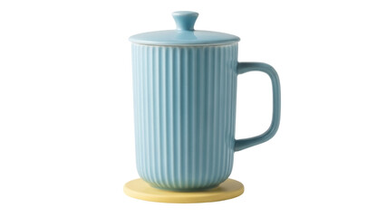 Light blue ceramic mug with lid isolated PNG, ribbed texture drinkware for hot beverages on yellow coaster, no background