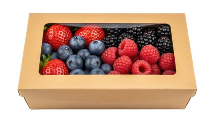 Fresh mixed berries in a cardboard box isolated PNG, strawberries blueberries raspberries and blackberries for healthy eating and dessert