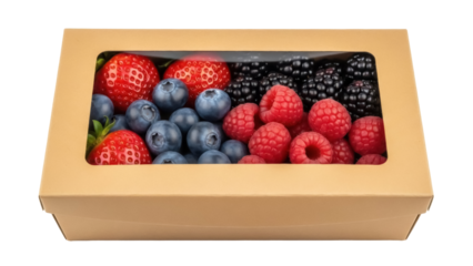 Fresh mixed berries in a cardboard box isolated PNG, strawberries blueberries raspberries and blackberries for healthy eating and dessert