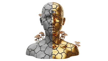 Surreal cracked bust with mushrooms isolated PNG, half gold and half gray with third eye on transparent background, conceptual art