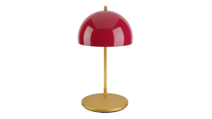 Modern red dome table lamp isolated PNG, stylish gold base desk light for bedroom or office decor on transparent background