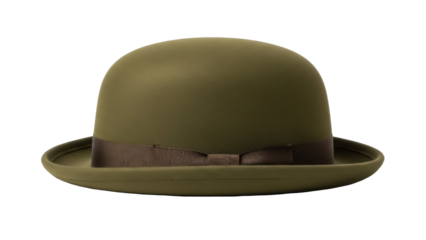 Olive green bowler hat isolated PNG, classic headwear for formal occasions and vintage fashion on transparent background