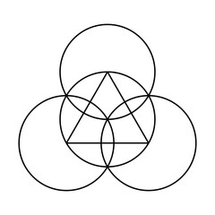 Symbol of the Trinity, formed by overlapping circles with a triangle. Circle with an equilateral triangle, and three same sized circles arranged on the circle, meeting at the center. Isolated. Vector