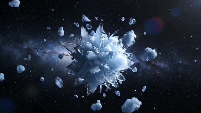 Fragmented ice crystals exploding and floating in deep space amidst a nebula and starry sky