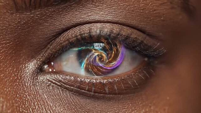 Close up of an African American human eye transforming with colorful abstract digital light patterns for artificial intelligence concept and deep insight