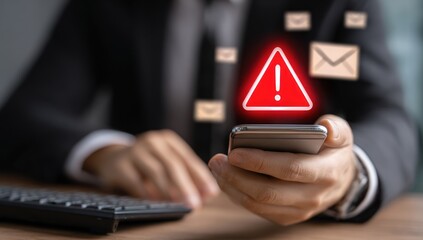 Businessman receives urgent digital warning notification on smartphone screen.