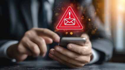 Businessman receives urgent email warning on glowing mobile phone screen.
