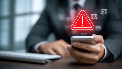 Businessman views urgent warning notification on mobile phone screen.
