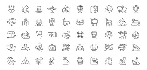 Travel and vacation editable line icons set. adventure and leisure symbols