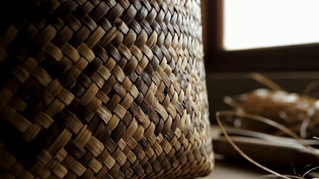 Close up view of woven natural material basket texture with shallow depth of field outdoors