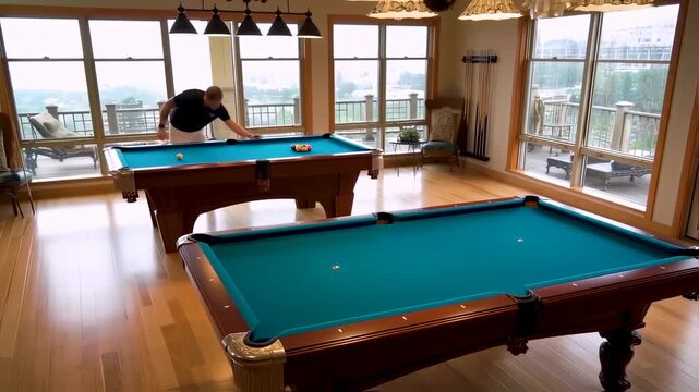 Two pool tables in a spacious room with large windows overlooking a patio