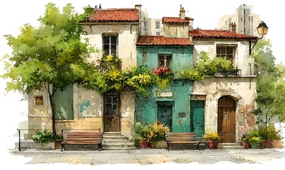 Fototapeta premium Watercolor painting of French townhouses with spring blossoms and ivy