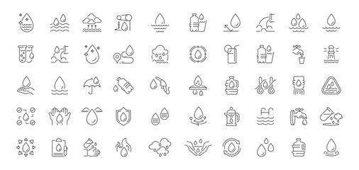Water conservation editable line icons set. hydration and sustainability symbols