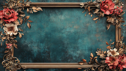 wooden motif photo frame with flowers isolated on concrete stone background