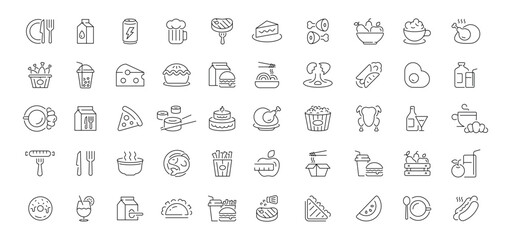 Food and beverage editable line icons set. culinary and dining outline symbols