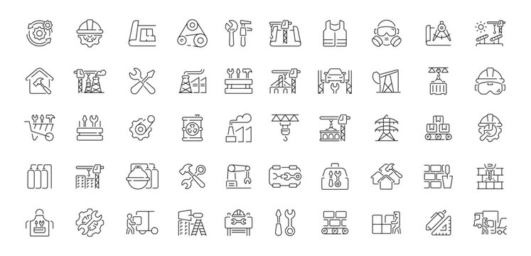 Construction and industry editable line icons set. building and tools symbols