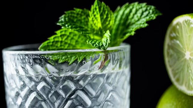 Close-up of a refreshing drink with mint and lime