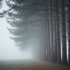 Misty Forest Lane With Tall Pine Trees in a Row on a Foggy Autumn Day With a Natural Ground Cover of Fallen Leaves