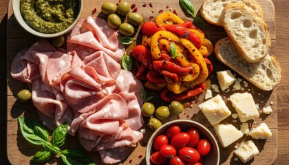 Delicious Italian Antipasto Platter with Cured Meats Cheeses Olives and Pesto on a Wooden Board