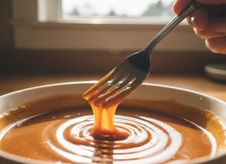 Close-up Of A Fork Dipping Into A Bowl Of Smooth Golden Caramel Sauce Creating Ripples With Natural Window Light