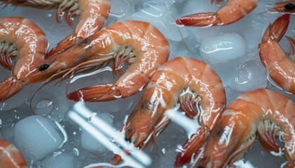 Close Up Of Fresh Orange Shrimp Arranged On Ice Cubes With Clear Water Droplets Reflecting Light In A Refreshing Display