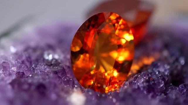 Close-up of an orange gemstone nestled amongst amethyst crystals