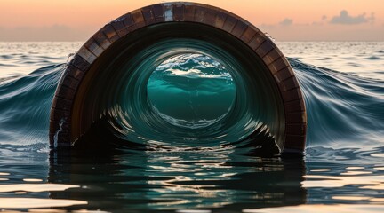Large pipe emerging from calm ocean at sunset, with water reflections and blue-green hues. Use: travel blog hero image, environmental awareness.