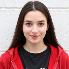 A young woman with long, straight brown hair and blue eyes poses in a red hoodie over a black t-shirt against a textured white brick wall. Use: teen.